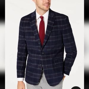 Tommy Hilfiger ModernFit THFlex Stretch NavyRed Plaid Corduroy Sport Coat Sz 46L